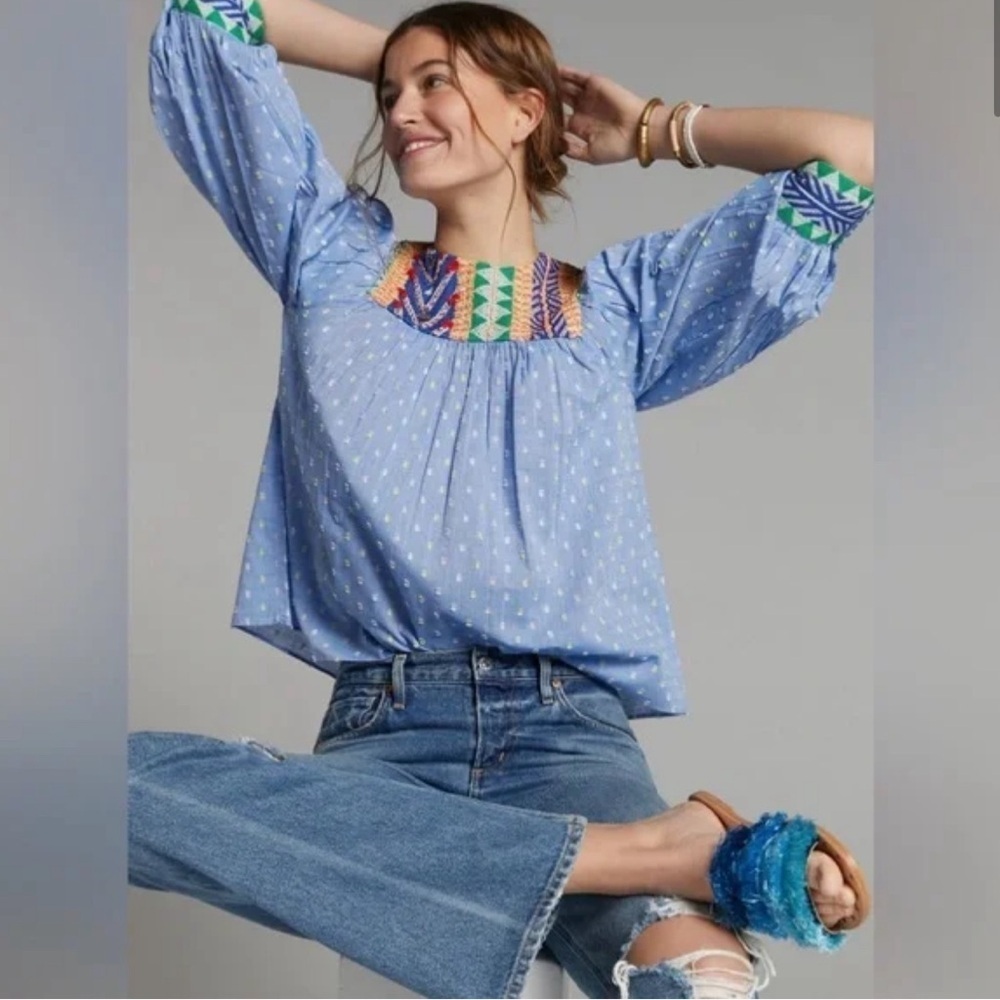 Verb Anthropologie Rhapsody Embroidered Blouse in Blue Multi Small